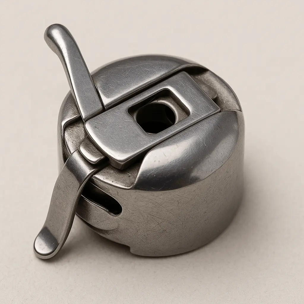 Side-by-side image of an empty bobbin and a bobbin inserted in its case for a sewing machine.