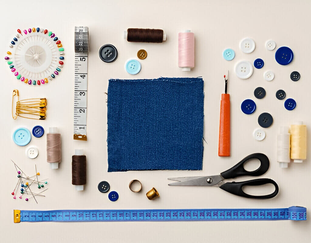 A flat lay image showing essential sewing supplies: thread spools, fabric scissors, measuring tape, pins, and a seam ripper.