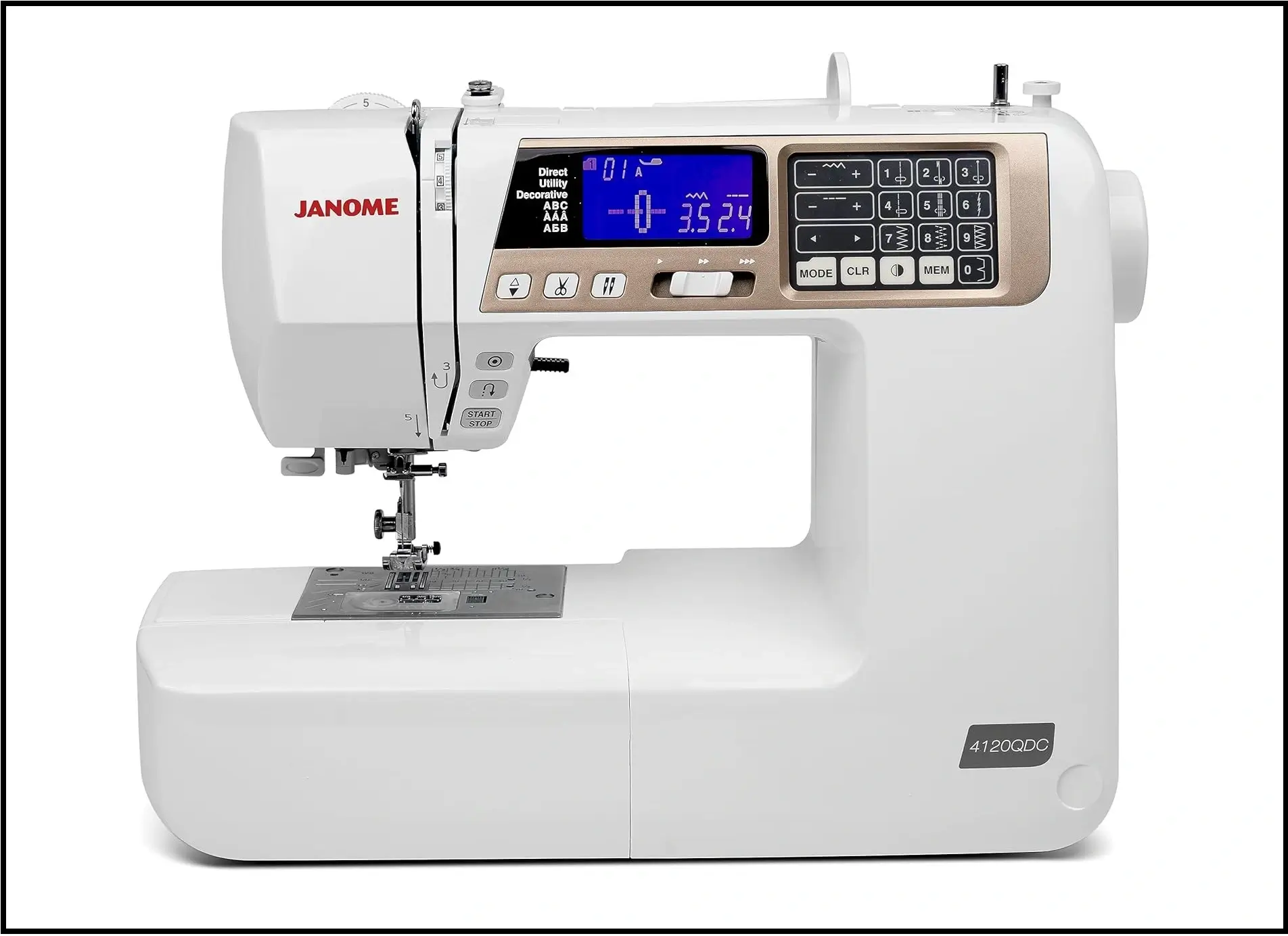 Janome 4120QDC quilting machine with its large extension table attached, ready for a project.