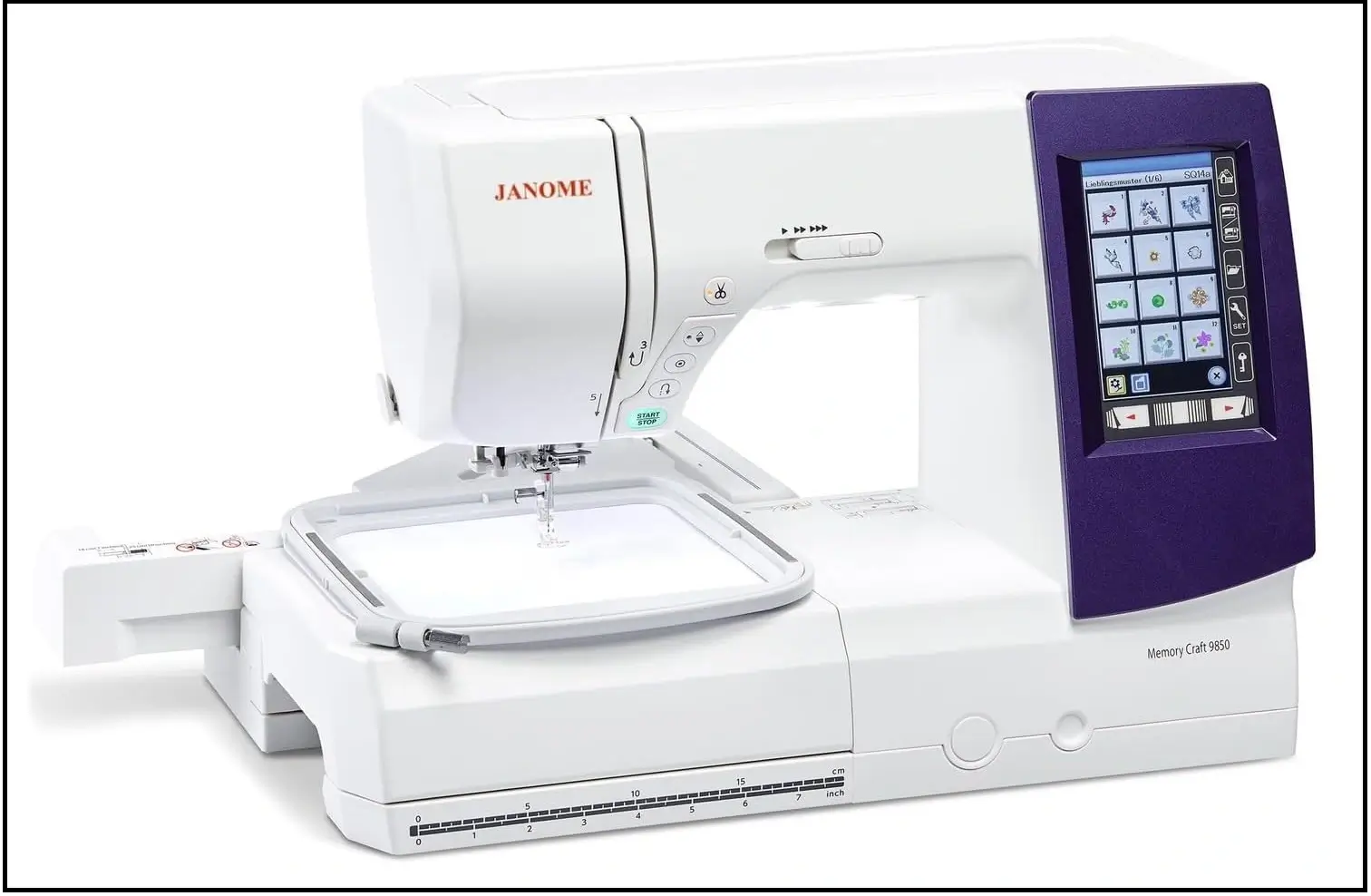 The Janome Memory Craft 9850 sewing and embroidery machine with an embroidery hoop attached and a design on its color screen.
