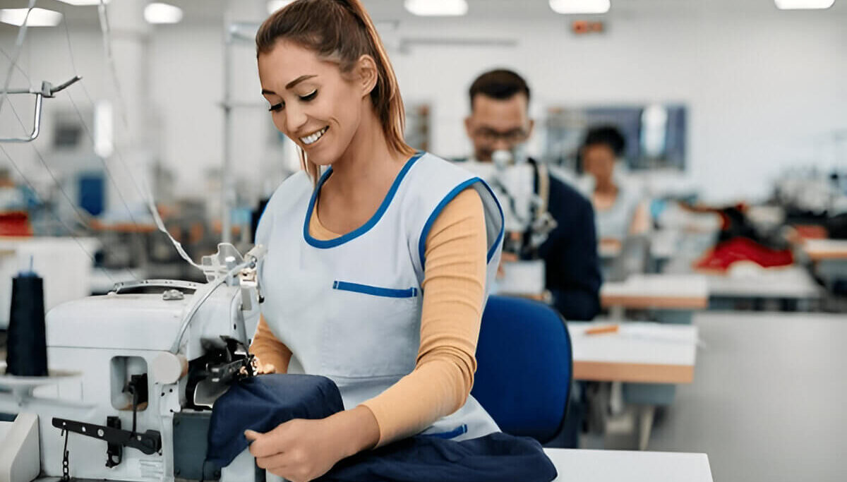 A happy sewist working at a machine, surrounded by colorful fabrics, with tags showing “speed,” “strong stitches,” and “professional finish.”