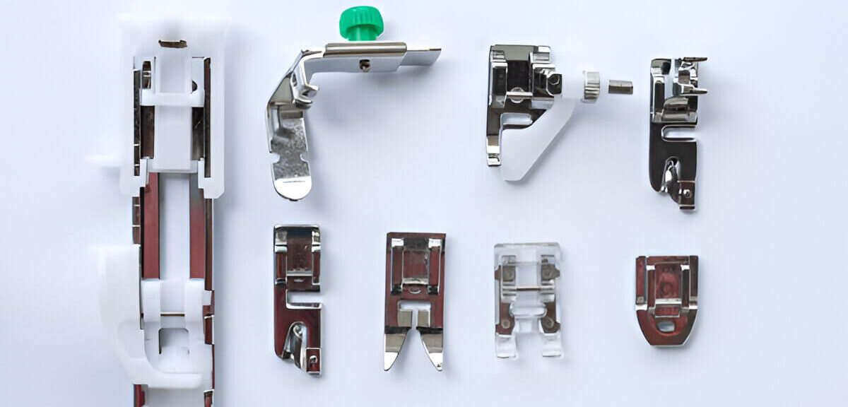 Visual callouts for features like top-drop bobbin, free arm, presser feet icons, and needle threader.